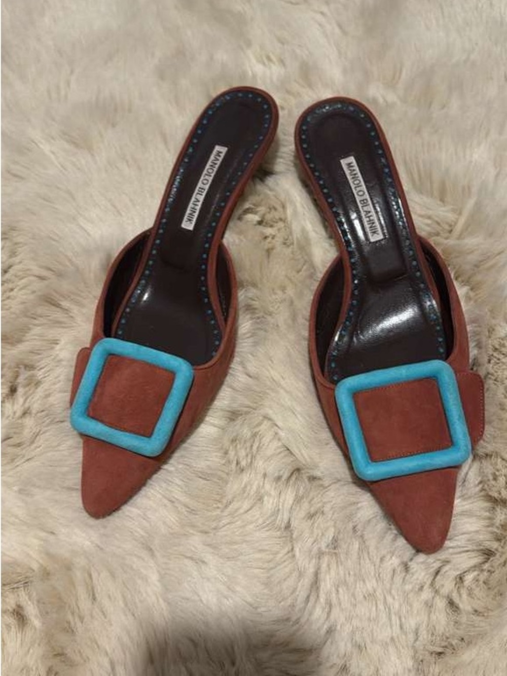 Manolo Blahnik Brown Suede Pointed Mule with Turquoise Buckle Accent